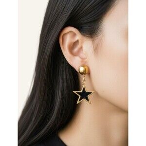 Vtg Gold-tone Dome Button Black Enamel Earrings 5-Pointed Star Dangle Gold Trim